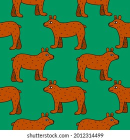 Cartoon doodle bear seamless pattern. Cute background with forest animals.