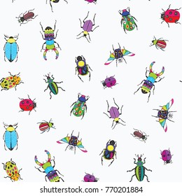 cartoon doodle beetles insects vector seamless pattern