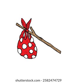 Cartoon doodle of a bindle, red polka-dotted cloth sack tied to a brown stick.