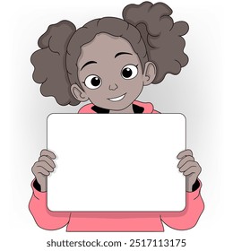 cartoon doodle blank board template for use as promotional media, black girl is holding a white board