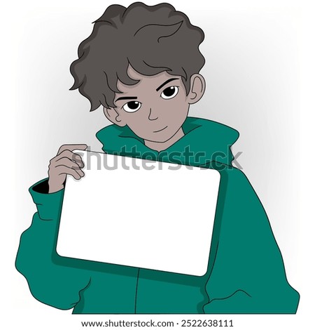 cartoon doodle blank board template for use as promotional media, young man is holding blank paper