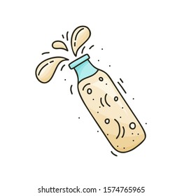 Cartoon doodle bottle with isolated flying splash. Kefir, yogurt or fermented baked milk on white background. Hand drawn vector concept. Color illustration for poster, banner. Healthy drink