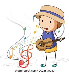 Cartoon doodle a boy playing guitar with melody symbols  illustration