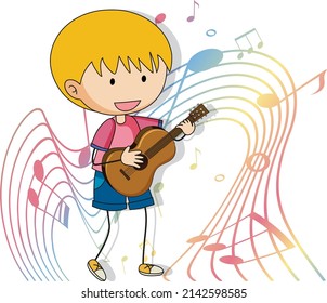 Cartoon doodle a boy playing guitar with melody symbols  illustration