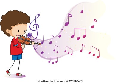 Cartoon doodle a boy playing violin with melody symbols on white background illustration