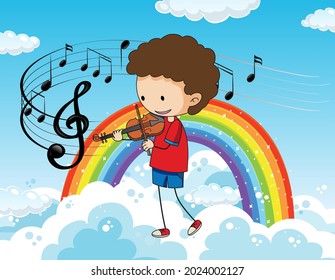 Cartoon doodle a boy playing violin in the sky with rainbow illustration