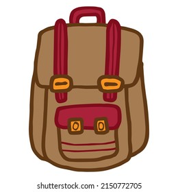 Cartoon doodle of a brown backpack. Simple vector color flat icon isolated on transparent background
