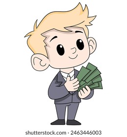 cartoon doodle of business activities, businessman is showing off his wealth with lots of money after being successful