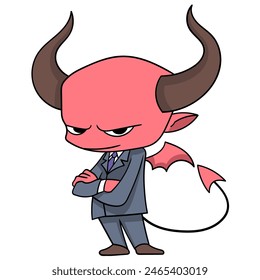 cartoon doodle of business activities, evil faced devil businessman planning cheating at work