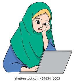 Cartoon doodle of business activities from home, Muslim woman sitting working using a laptop