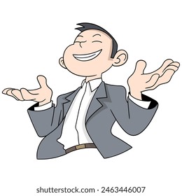 Cartoon doodle of business activities, male businessman expressing himself happily achieving financial targets