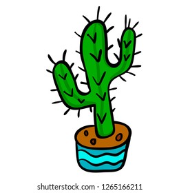 Cartoon doodle cactus in the pot isolated on white background. Vector illustration. 