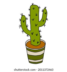 Cartoon doodle cactus in the pot isolated on white background. 