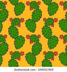 Cartoon doodle cactus seamless pattern. Floral background. Cute cartoon tropical element.