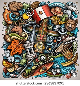 Cartoon doodle Canada Illustration. Background with local Canadian culture symbols and items