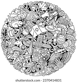 Cartoon doodle Canada round Illustration. Background with local Canadian culture symbols and items