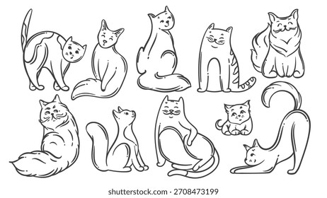 Gatos de dibujos animados doodle contornos establecidos en lindo, divertido sentado, estiramiento, agacharse y poses juguetonas. Ilustración vectorial de gatos de contorno para colorear, pegatinas, impresiones o proyectos de arte creativo para niños.