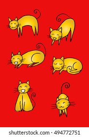 Cartoon doodle cats set. Six little cute kittens. 