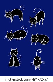 Cartoon doodle cats set. Six little cute kittens. 