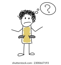 Cartoon doodle character with empty pockets doesnt know how to make money