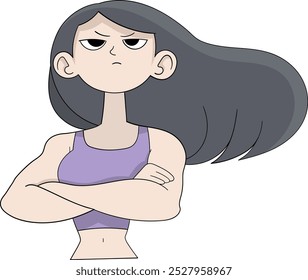 cartoon doodle character of healthy and strong woman, girl is wearing sportswear with muscles and slim body