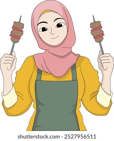 desenho animado doodle personagem logotipo promocional deliciosa comida, linda menina muçulmana vestindo hijab carregando deliciosa carne assada típica do oriente médio