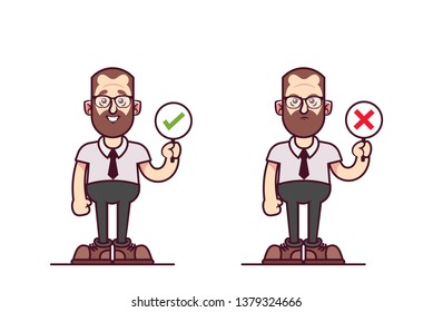 Cartoon Doodle Character. Office Worker Holding Signs Approved and Denied. Vector Illustration