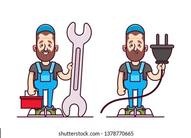 Cartoon Doodle Character. Repairman with Toolbox, Wrench and plug. Vector Illustration