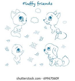 Cartoon doodle character set. Cat, fox, chicken, dog isolated on white. All images are editable. For kid design, fabric, package, t-shirts. Cute animal.