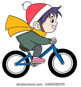 Cartoon doodle of children activities, boy wearing a beanie hat cycling happily around