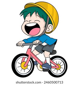 Cartoon doodle of children activities, boy is happy cycling using a safety helmet