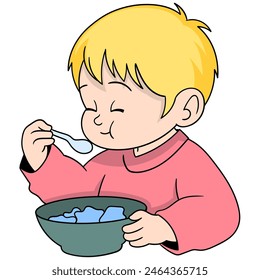 Cartoon doodle of children doing activities, baby boy sitting enjoying his food