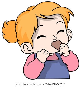 cartoon doodle of children doing activities, cute blonde haired girl enjoying a delicious biscuit snack