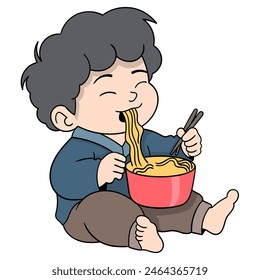 cartoon doodle of children doing activities, baby boy sitting enjoying delicious noodle food