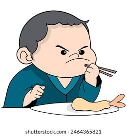 cartoon doodle of children doing activities, baby boy with an annoyed face eating fried shrimp