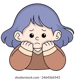 cartoon doodle of children doing activities, cute girl with a sad face holding back tears