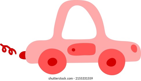 Cartoon doodle of children's toy car for toddler. Hand drawn cute pink transport side view icon for kindergarten decor, cheerful city book illustration. Cute infant vehicle picture for baby boy, girl.
