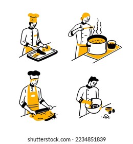 Cartoon Doodle Color Characters People and Restaurant Worker Cook Chef Concept Flat Design Style. Vector illustration of Cooking Food
