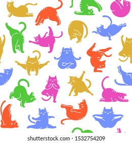 Cartoon Doodle Comic Colorful Vector Seamless Pattern And Background  Of Zen Meditating Cats In Yoga Pose and Asana, Namaste