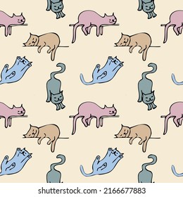 Cartoon Doodle Comic Colorful Vector Seamless Pattern Of Relaxing And Sleep Cats