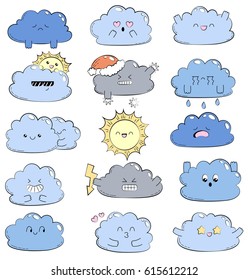 Cartoon doodle comic illustration with cute clouds. Different emotions. Collection of weather icons. Emoticons for site, info graphics, video, animation, websites, mails, newsletters, reports, comics