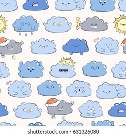 Cartoon doodle comic illustration with cute clouds. Different emotions. Collection of weather icons. Seamless background, texture, pattern, wallpaper