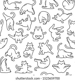 Cartoon Doodle Comic Outline Vector Seamless Pattern And Background  Of Zen Meditating Cats In Yoga Pose and Asana, Namaste