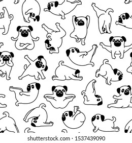 Cartoon Doodle Comic Outline Vector Seamless Pattern And Background  Of Zen Meditating Pug Pet Dogs In Yoga Pose and Asana, Namaste