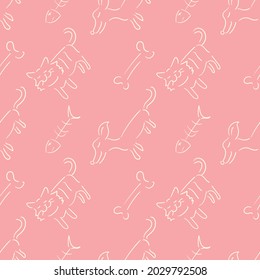 Cartoon-Doodle-Comic-Umriss Vektor nahtlose Muster Hintergrund von Katze, Hund, Fischbein, Knochen.