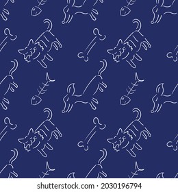 cartoon doodle comic outline vector seamless pattern background of cat, dog, fishbone, bone.