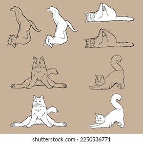 Cartoon Doodle Comic Outline Vector Seamless Pattern And Background Of Zen Meditating Cats In Yoga Pose and Asana, Namaste