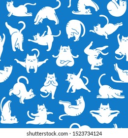 Cartoon Doodle Comic Vector Seamless Pattern And Background  Of Zen Meditating Cats In Yoga Pose and Asana, White On Blue, Namaste