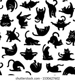 Cartoon Doodle Comic Vector Seamless Pattern And Background  Of Zen Meditating Black Cats In Yoga Pose and Asana Namaste