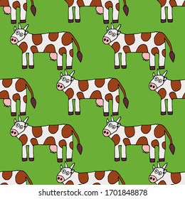 Dibujo de la vaca doodle sin fisuras. Fondo animal de granja de verano. Ilustración vectorial. 
